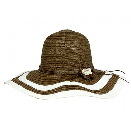 Wide Brim Hats – 12 PCS  - 2 Tones w/ Flower - Brown - HT-H2270BN